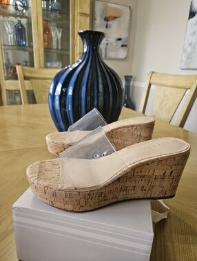 Copper Key Clear Strap Cork Wedge Sandals